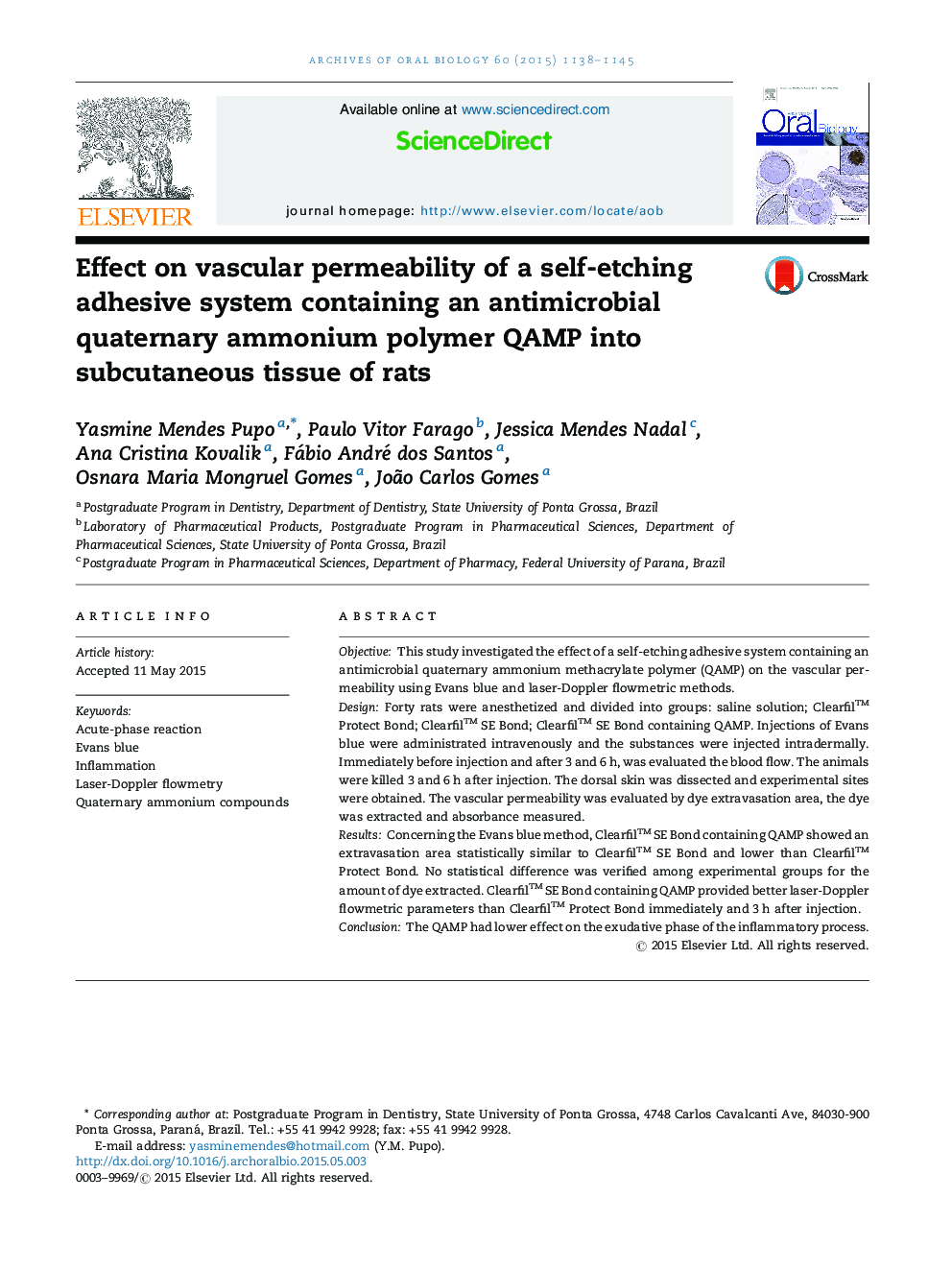 Effect on vascular permeability of a self-etching adhesive system containing an antimicrobial quaternary ammonium polymer QAMP into subcutaneous tissue of rats