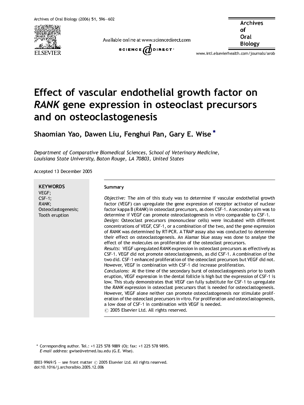 Effect of vascular endothelial growth factor on RANK gene expression in osteoclast precursors and on osteoclastogenesis