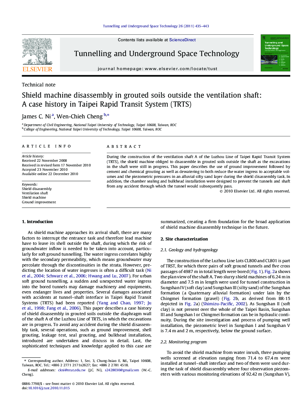 Shield machine disassembly in grouted soils outside the ventilation shaft: A case history in Taipei Rapid Transit System (TRTS)