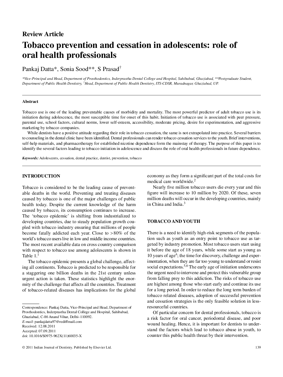 Tobacco prevention and cessation in adolescents: role of oral health professionals