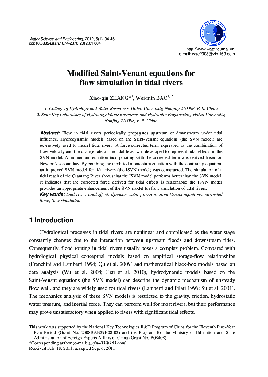 Modified Saint-Venant equations for flow simulation in tidal rivers 