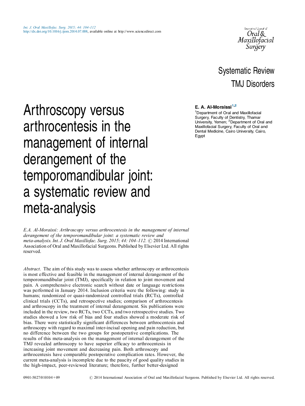 آرتروسکوپی در مقابل آرتروتنتز در مدیریت اختلال داخلی مفصل مفصلی: یک بررسی سیستماتیک و متاآنالیز 