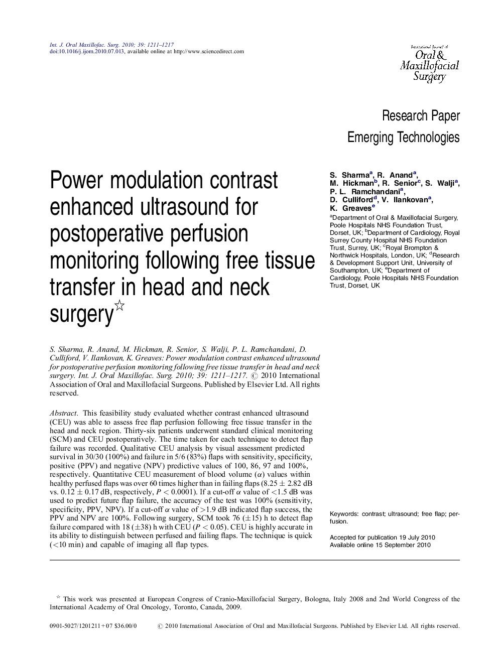 Power modulation contrast enhanced ultrasound for postoperative perfusion monitoring following free tissue transfer in head and neck surgery 