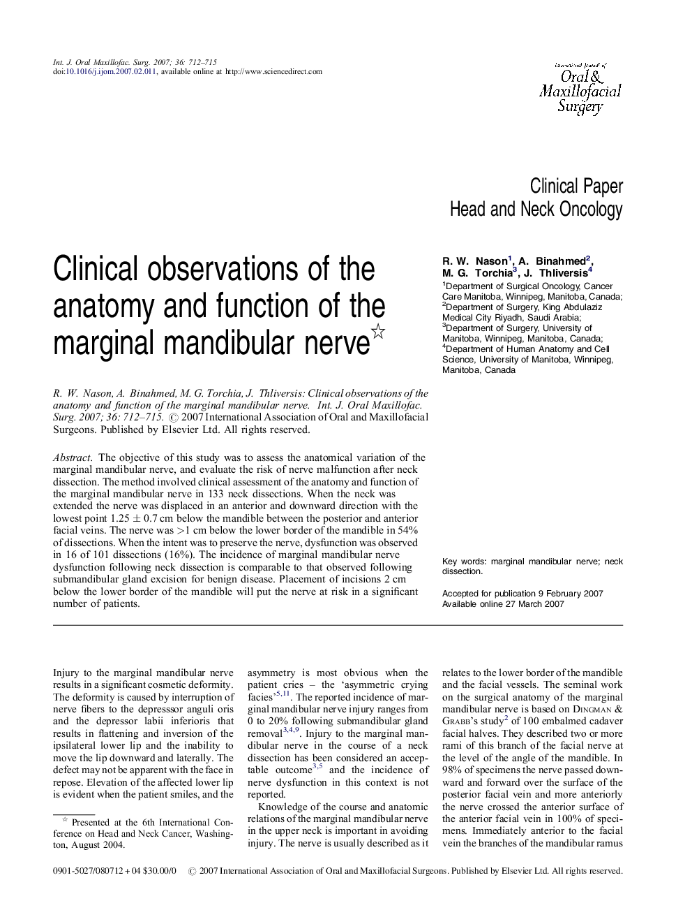 Clinical observations of the anatomy and function of the marginal mandibular nerve 