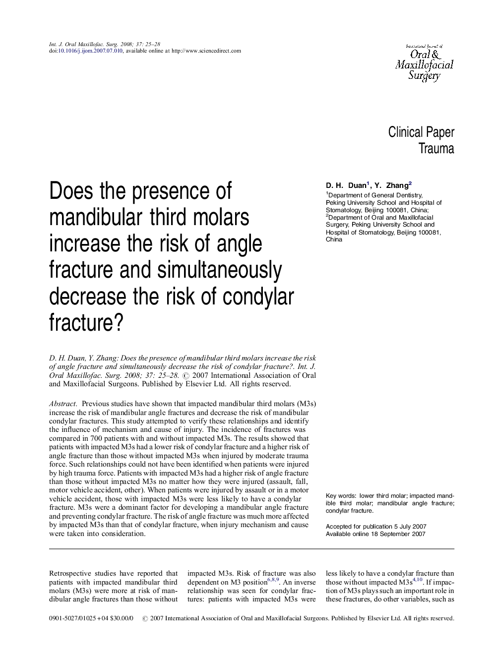 Does the presence of mandibular third molars increase the risk of angle fracture and simultaneously decrease the risk of condylar fracture?