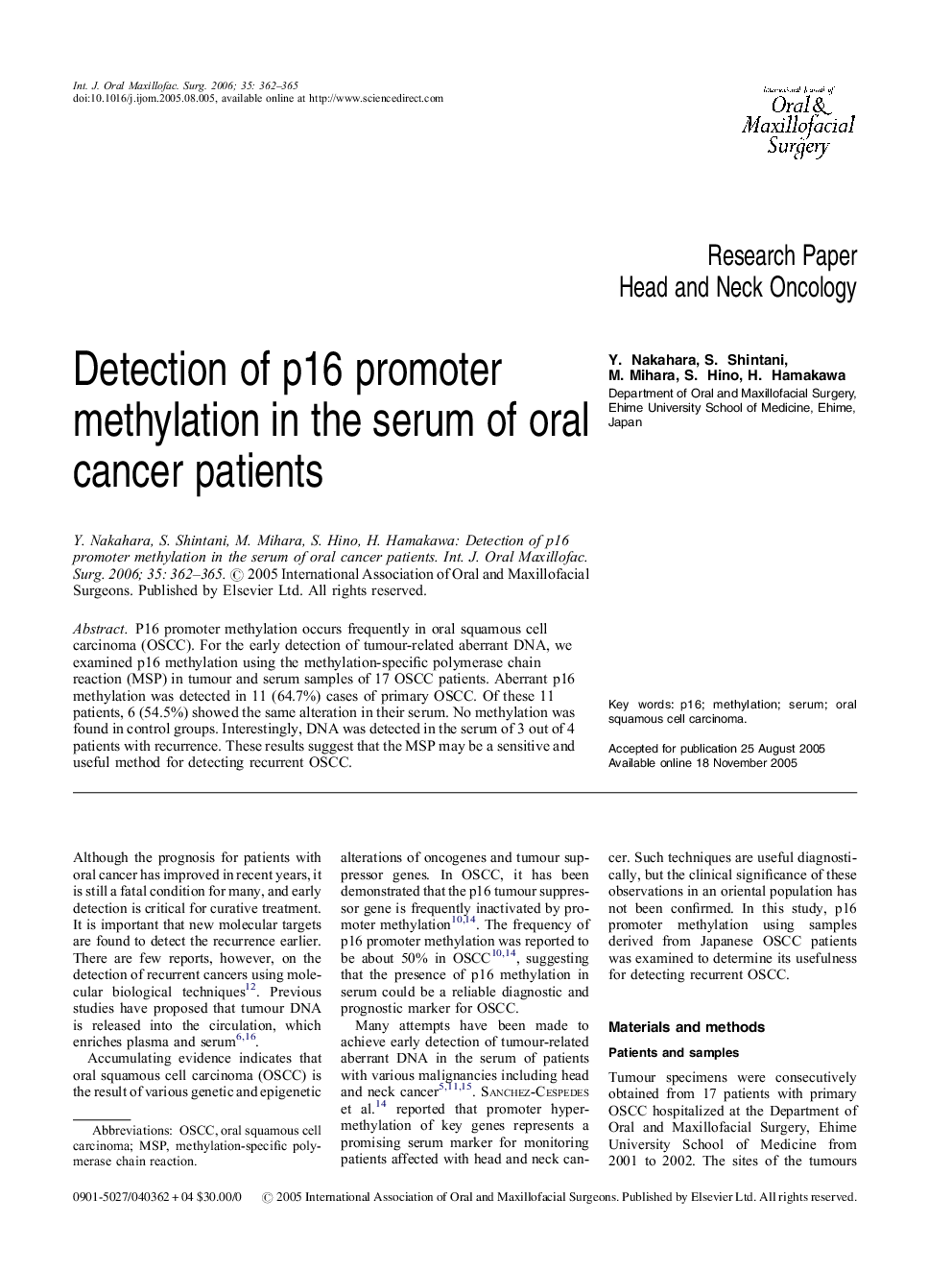 Detection of p16 promoter methylation in the serum of oral cancer patients