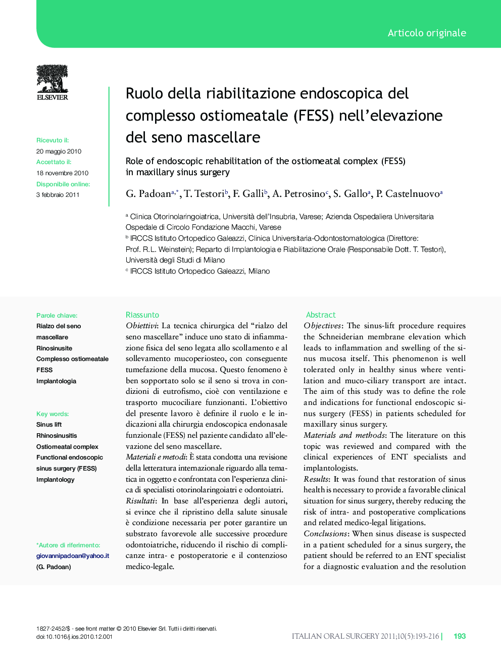 Ruolo della riabilitazione endoscopica del complesso ostiomeatale (FESS) nell'elevazione del seno mascellare