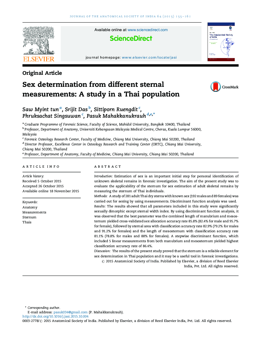 تعیین جنسیت از اندازه گیری های مختلف سینه: مطالعه در یک جمعیت تایلندی 