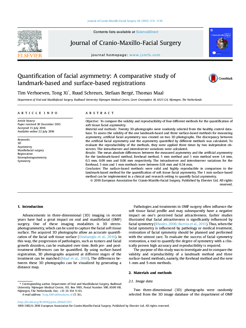 Quantification of facial asymmetry: A comparative study of landmark-based and surface-based registrations