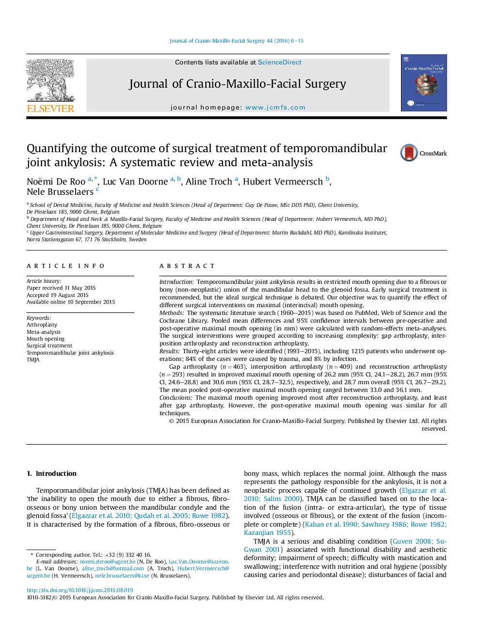 Quantifying the outcome of surgical treatment of temporomandibular joint ankylosis: A systematic review and meta-analysis