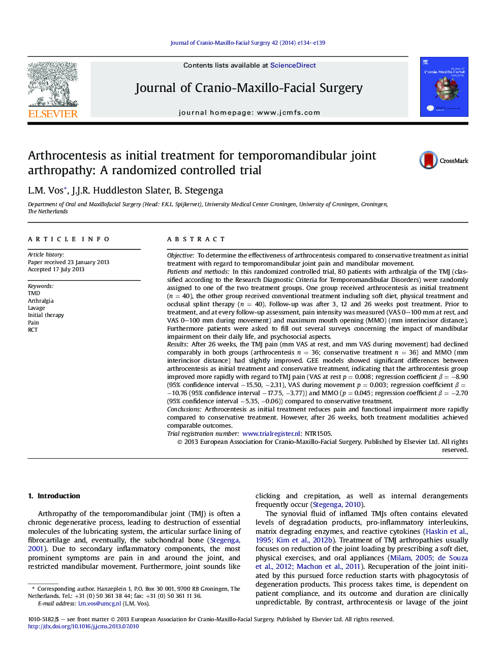 Arthrocentesis as initial treatment for temporomandibular joint arthropathy: A randomized controlled trial