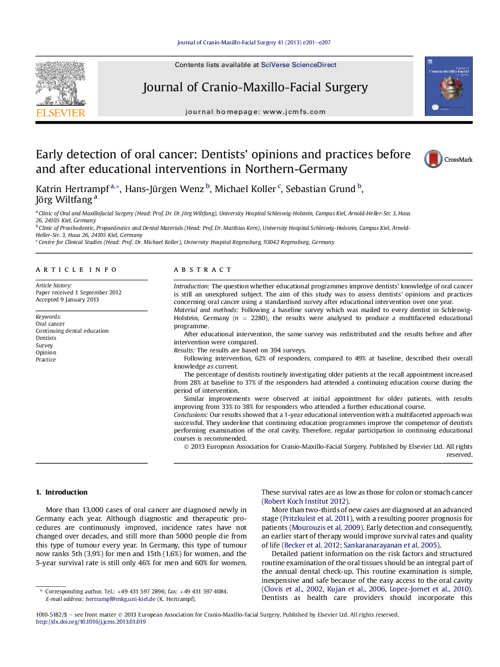 Early detection of oral cancer: Dentists' opinions and practices before and after educational interventions in Northern-Germany