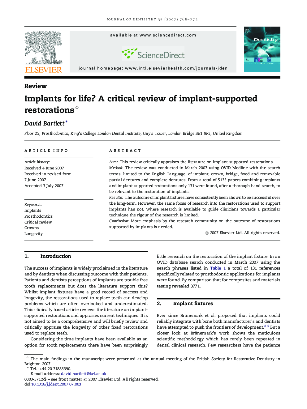 Implants for life? A critical review of implant-supported restorations 