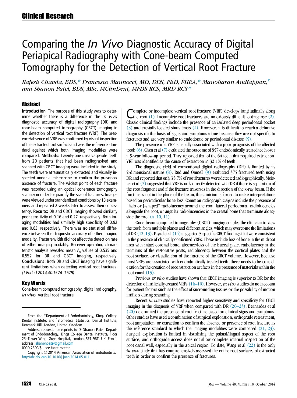 Comparing the In Vivo Diagnostic Accuracy of Digital Periapical Radiography with Cone-beam Computed Tomography for the Detection of Vertical Root Fracture