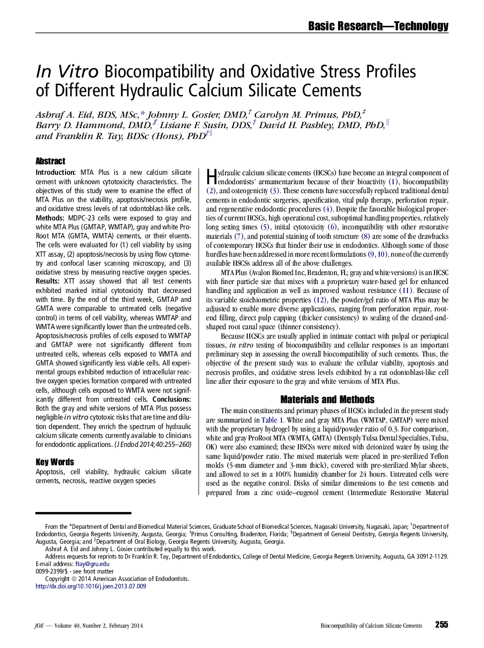 In Vitro Biocompatibility and Oxidative Stress Profiles of Different Hydraulic Calcium Silicate Cements 