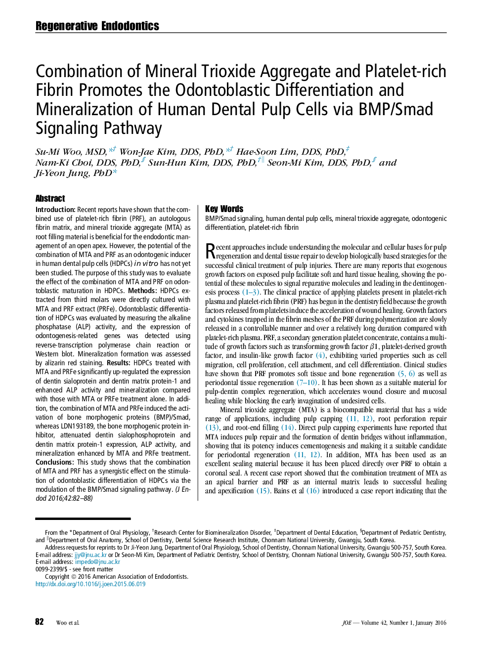 Combination of Mineral Trioxide Aggregate and Platelet-rich Fibrin Promotes the Odontoblastic Differentiation and Mineralization of Human Dental Pulp Cells via BMP/Smad Signaling Pathway