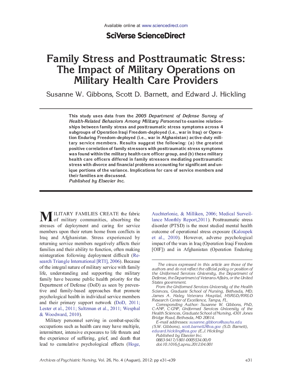 Family Stress and Posttraumatic Stress: The Impact of Military Operations on Military Health Care Providers 