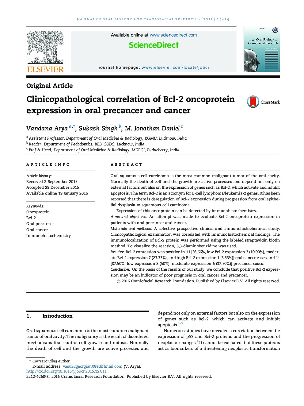 Clinicopathological correlation of Bcl-2 oncoprotein expression in oral precancer and cancer