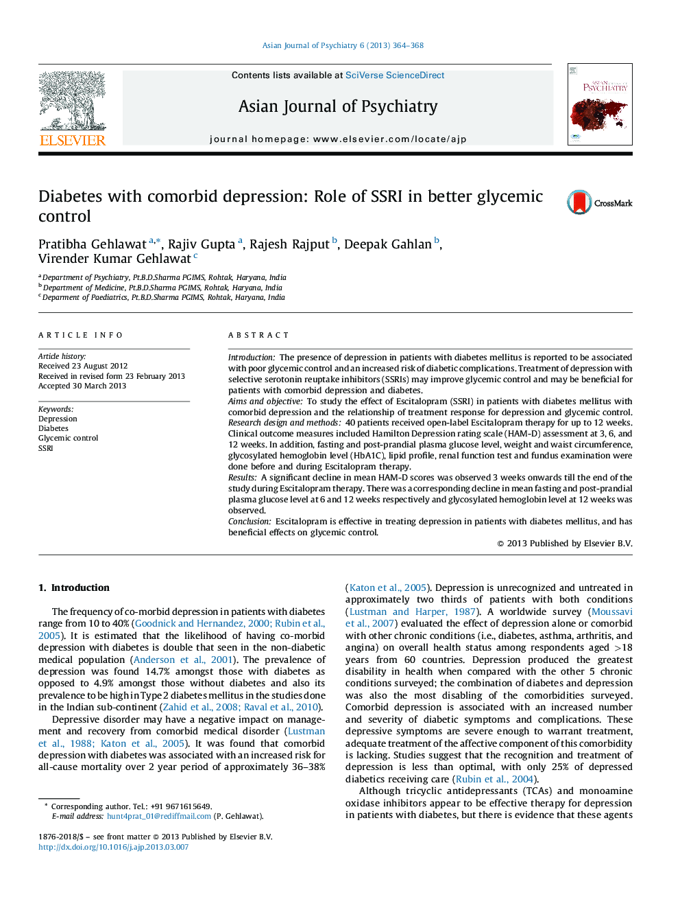 Diabetes with comorbid depression: Role of SSRI in better glycemic control