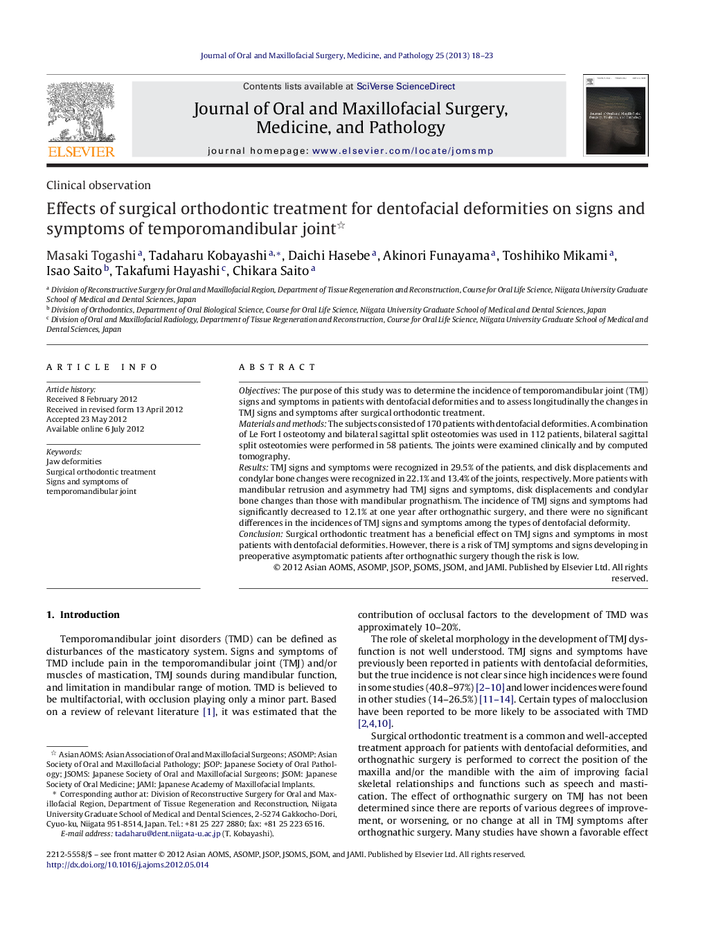 Effects of surgical orthodontic treatment for dentofacial deformities on signs and symptoms of temporomandibular joint 