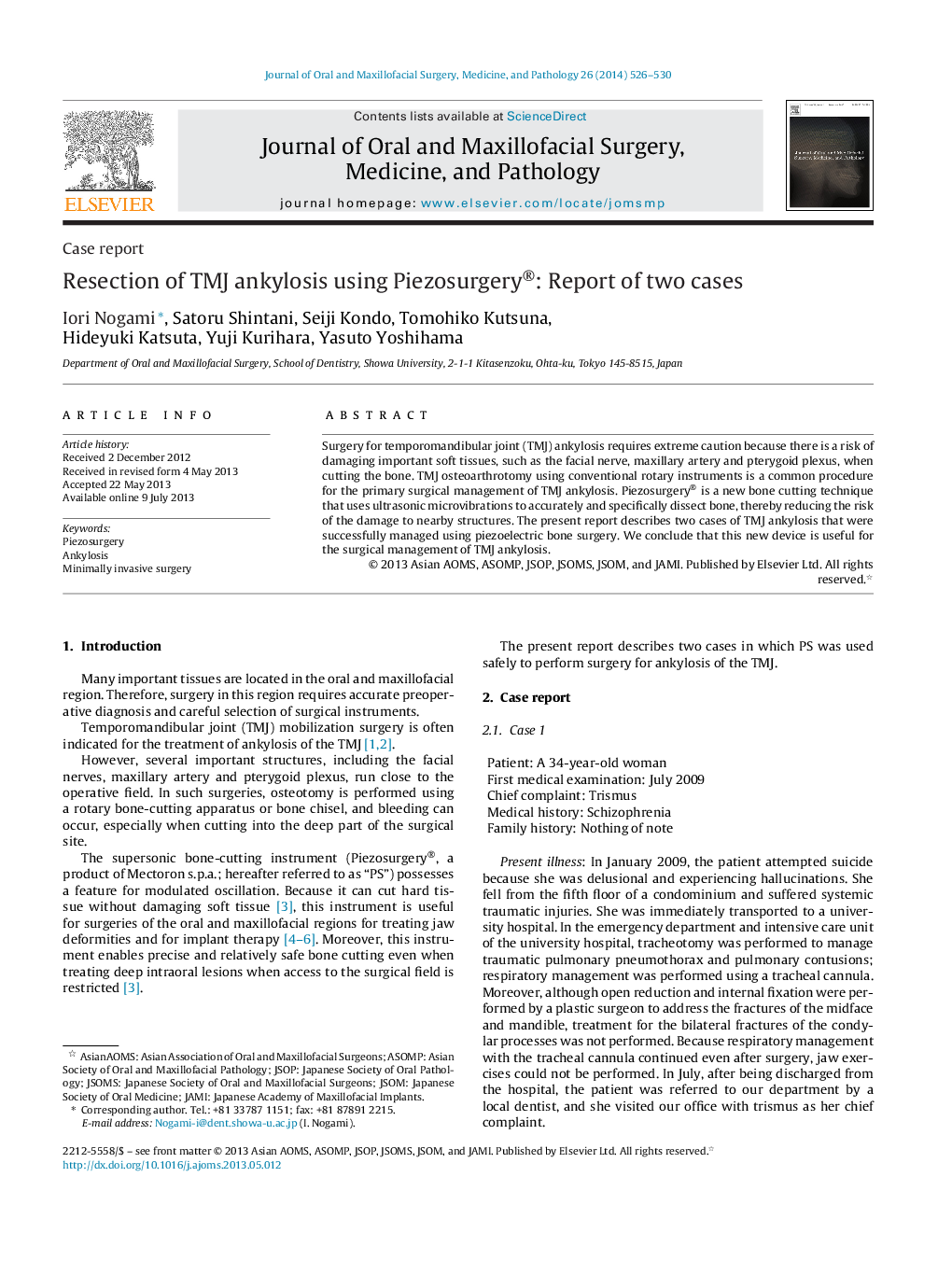 Resection of TMJ ankylosis using Piezosurgery®: Report of two cases 