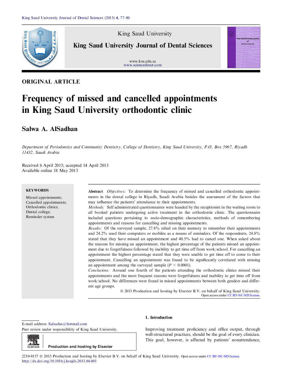 Frequency of missed and cancelled appointments in King Saud University orthodontic clinic 