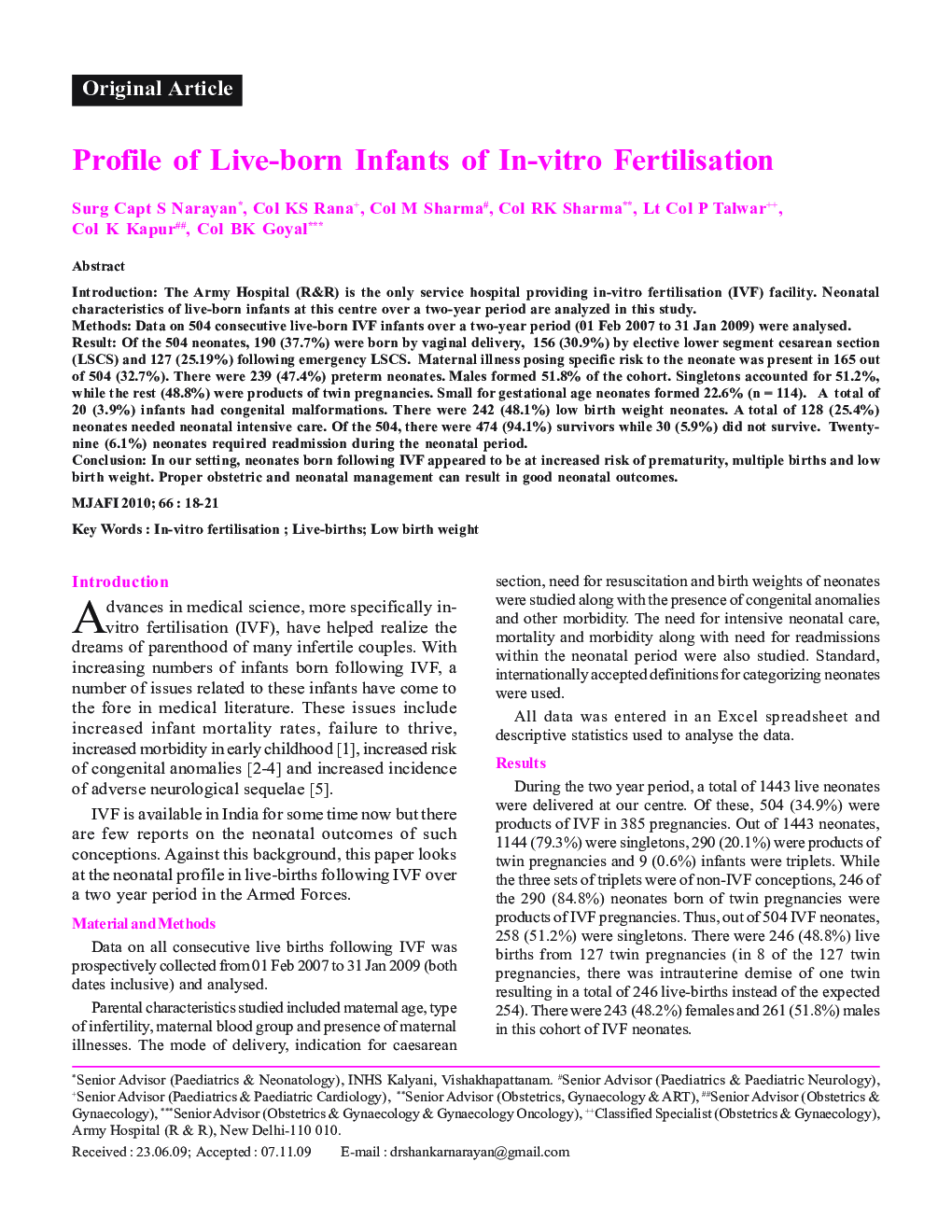 Profile of Live-born Infants of In-vitro Fertilisation