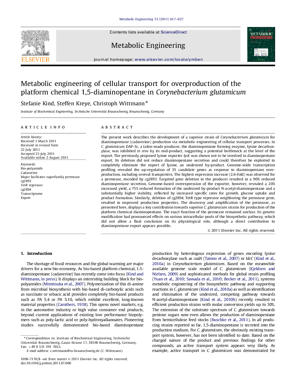 Metabolic engineering of cellular transport for overproduction of the platform chemical 1,5-diaminopentane in Corynebacterium glutamicum