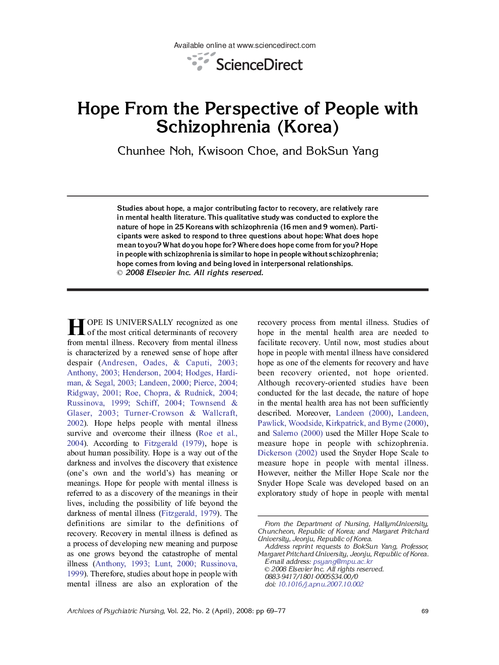 Hope From the Perspective of People with Schizophrenia (Korea)