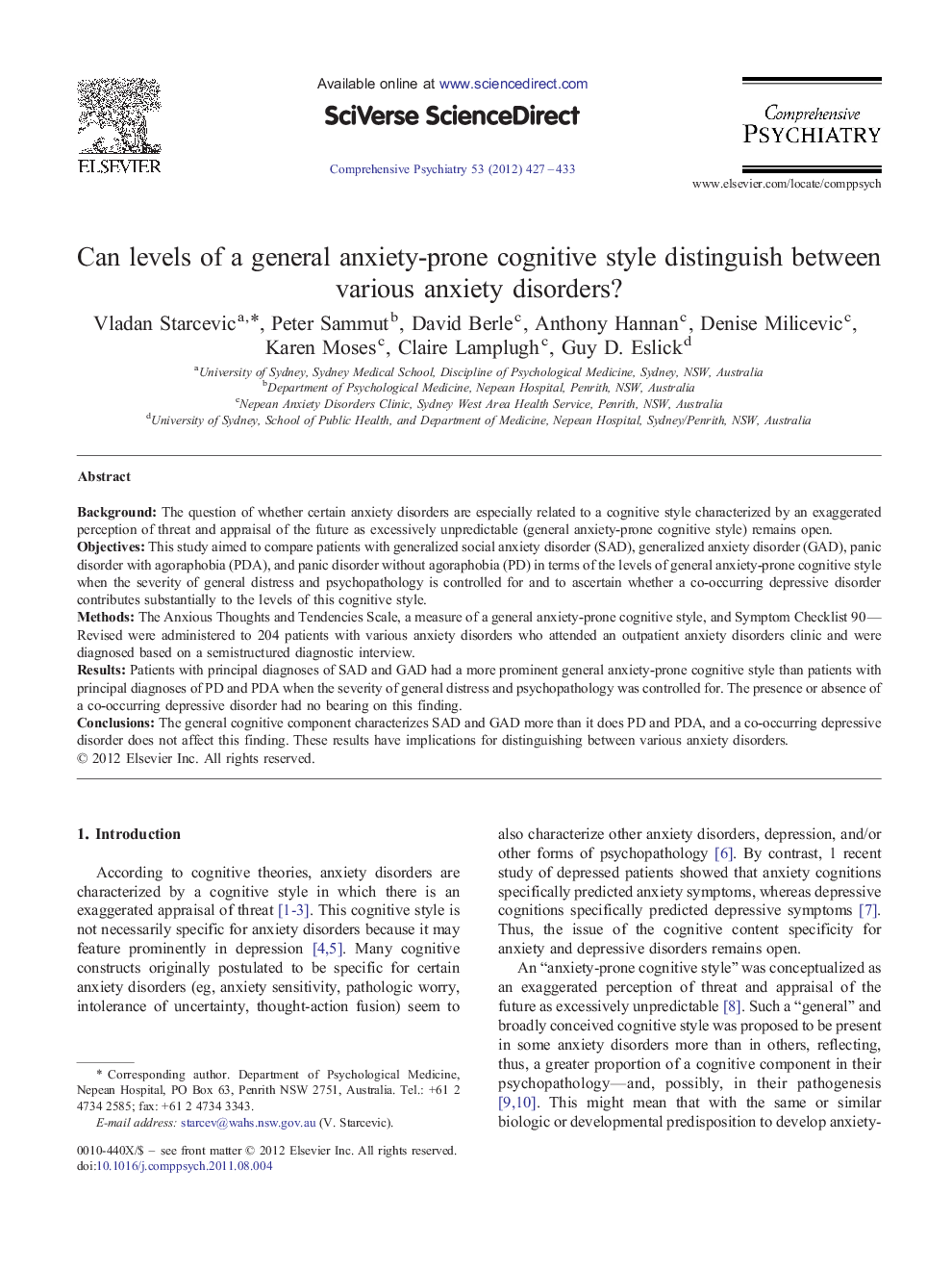 Can levels of a general anxiety-prone cognitive style distinguish between various anxiety disorders?