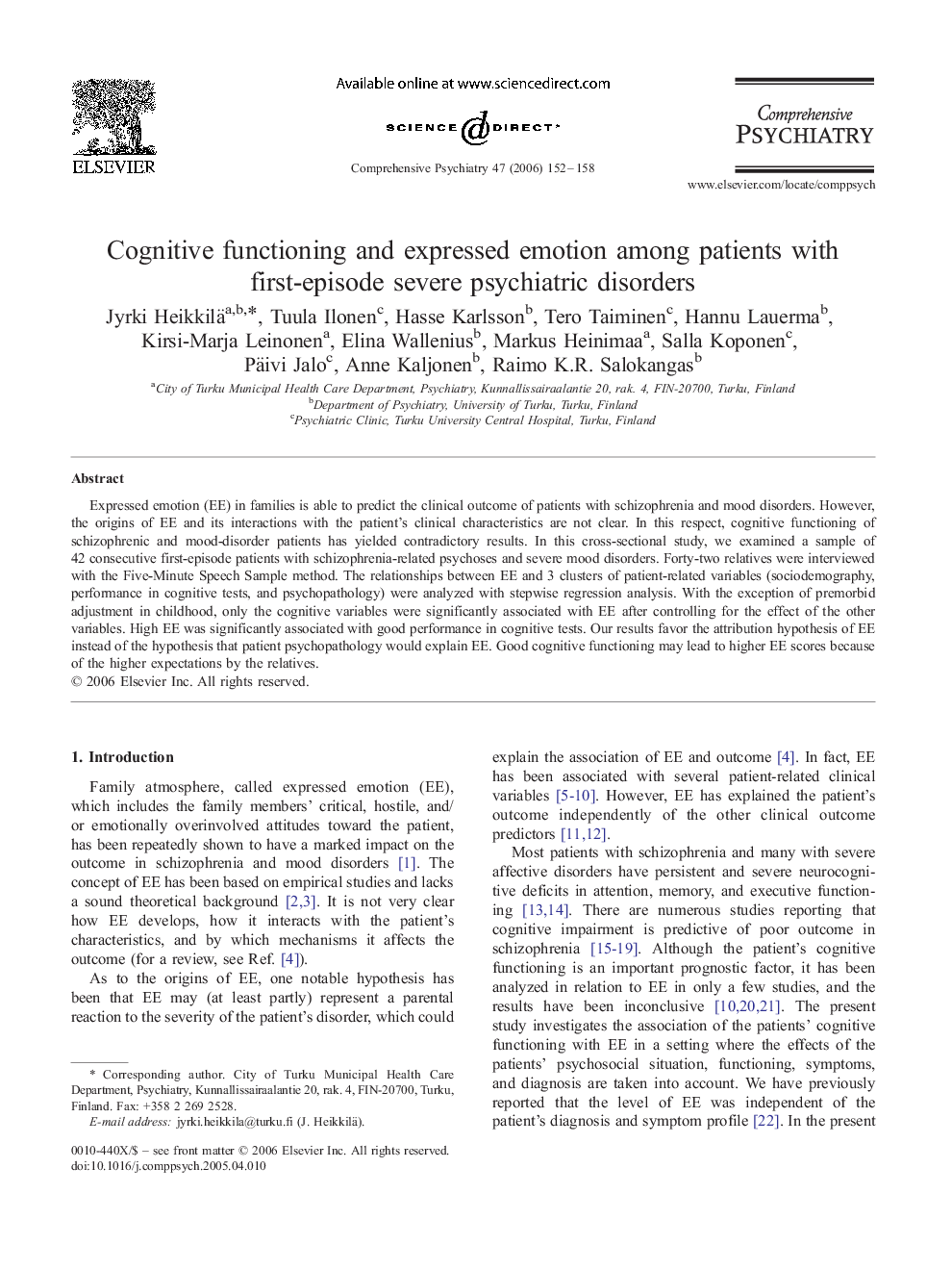 Cognitive functioning and expressed emotion among patients with first-episode severe psychiatric disorders