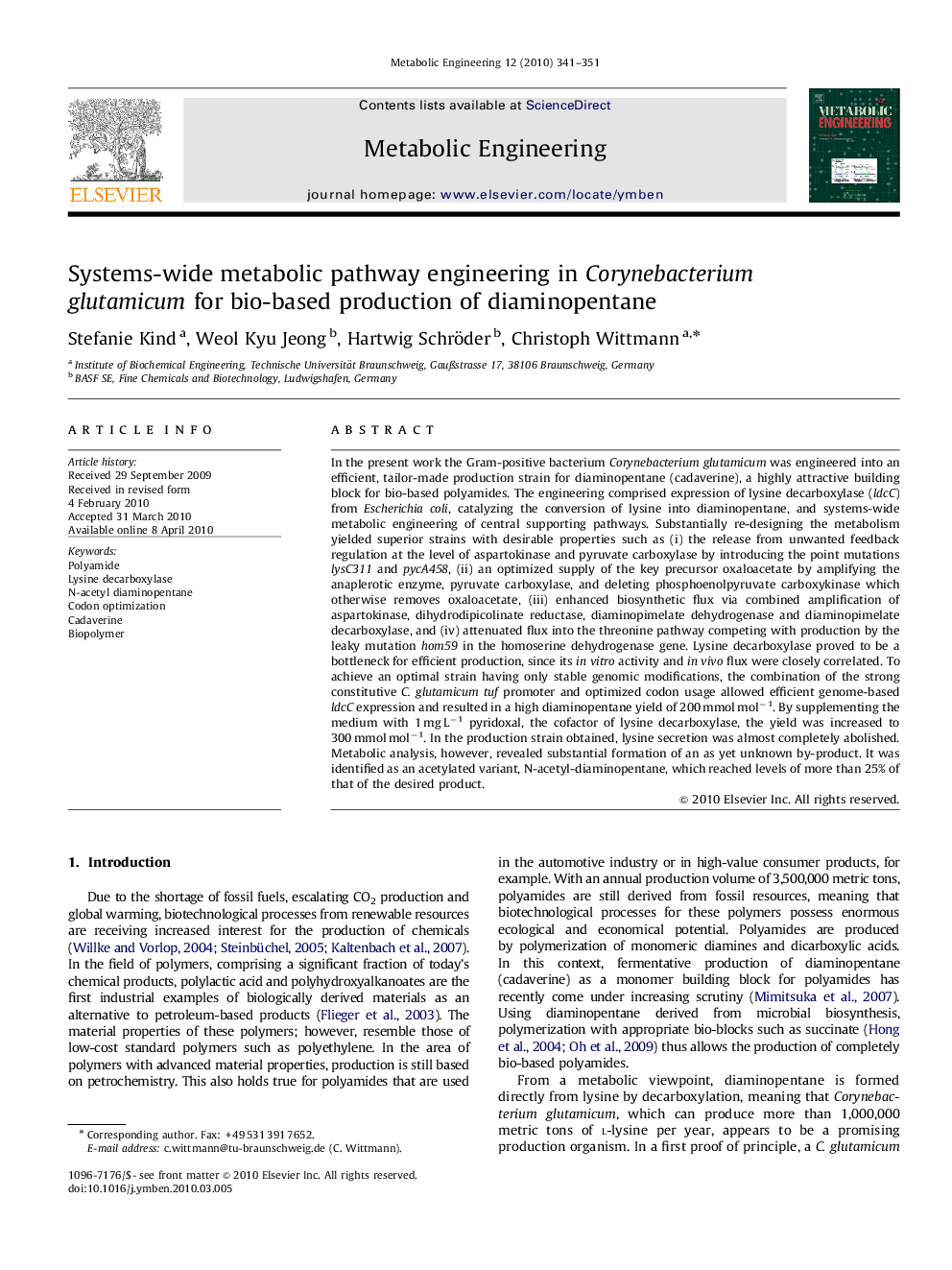 Systems-wide metabolic pathway engineering in Corynebacterium glutamicum for bio-based production of diaminopentane