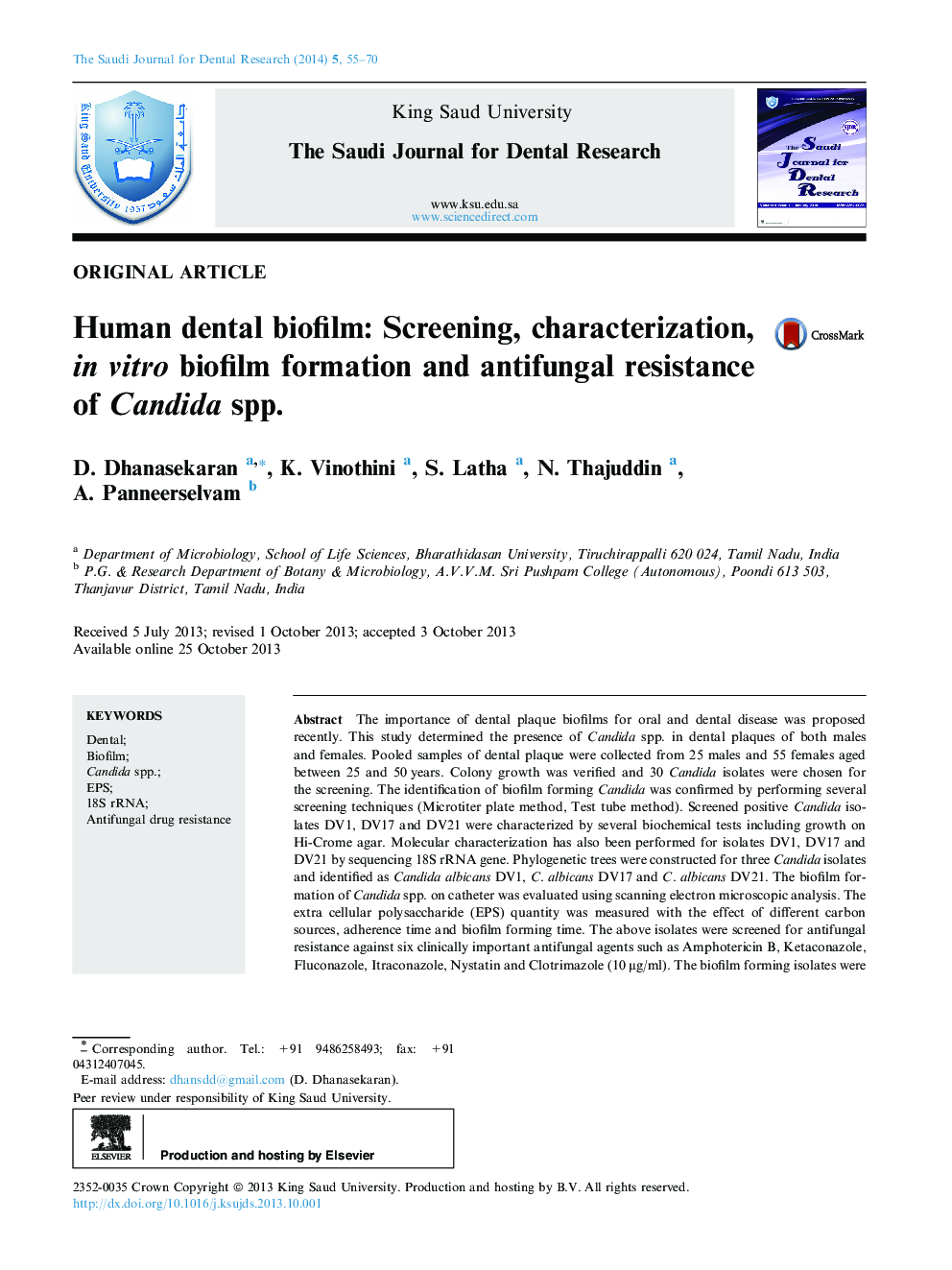 Human dental biofilm: Screening, characterization, in vitro biofilm formation and antifungal resistance of Candida spp. 