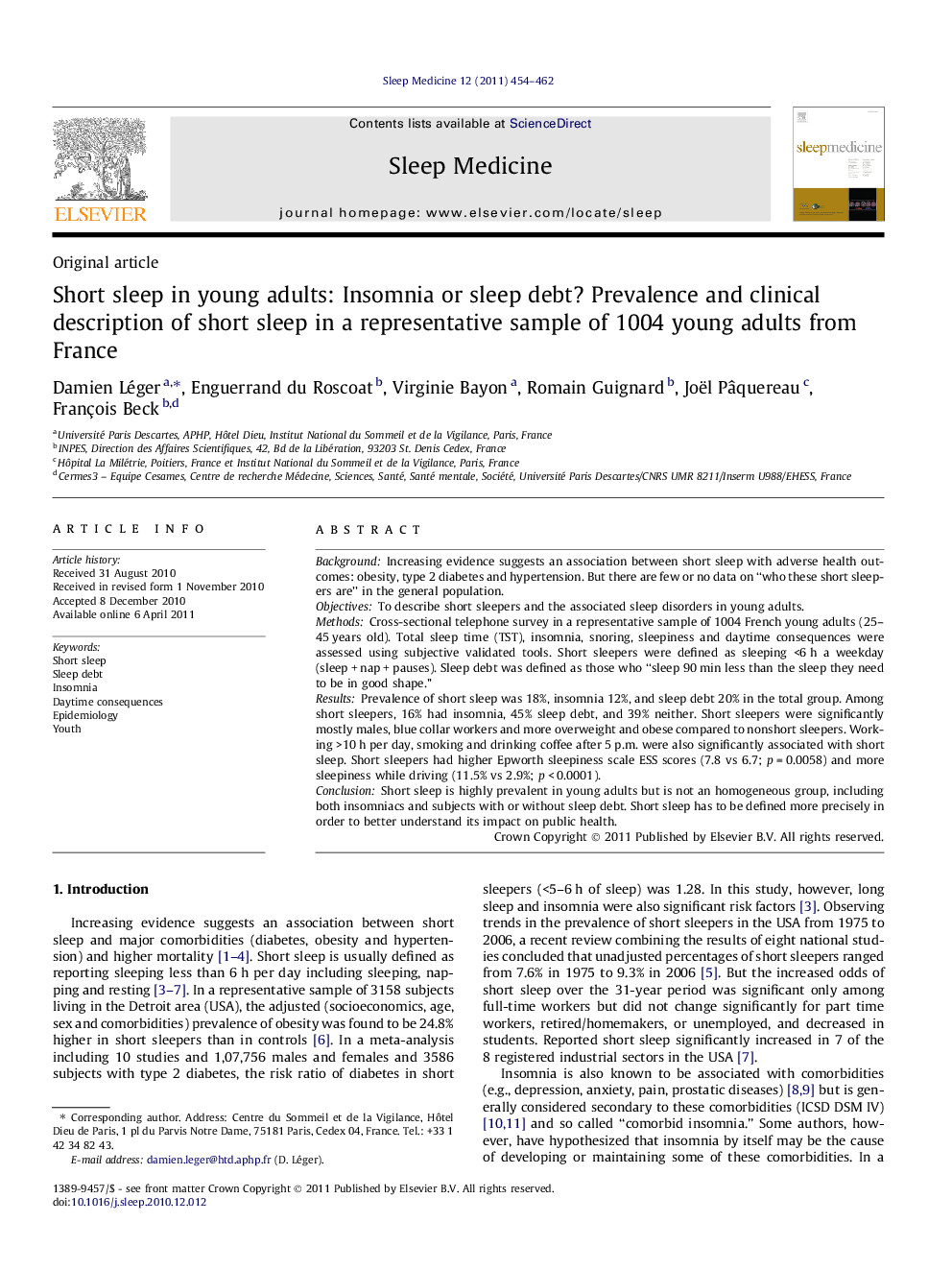 Short sleep in young adults: Insomnia or sleep debt? Prevalence and clinical description of short sleep in a representative sample of 1004 young adults from France