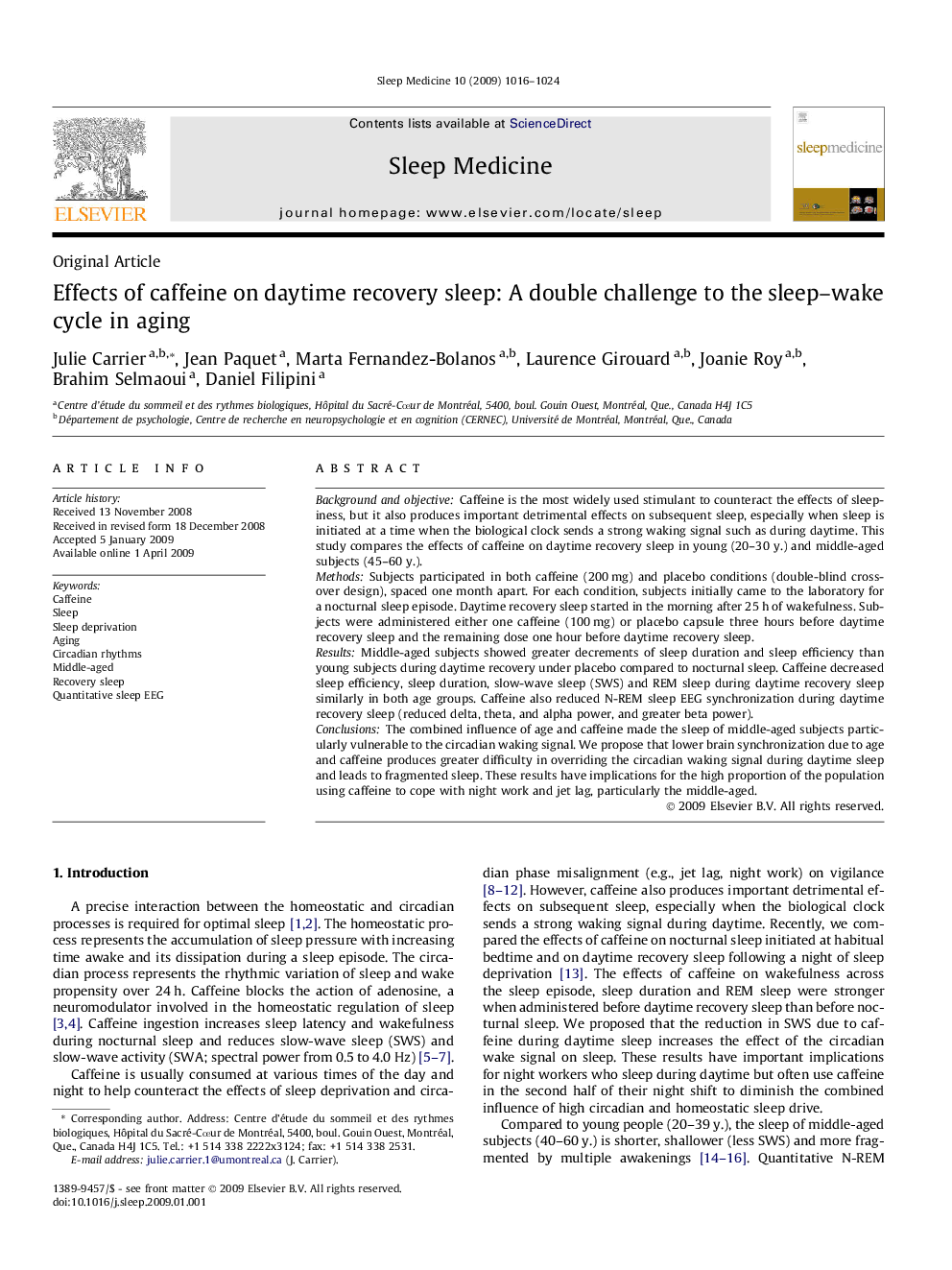 Effects of caffeine on daytime recovery sleep: A double challenge to the sleep–wake cycle in aging