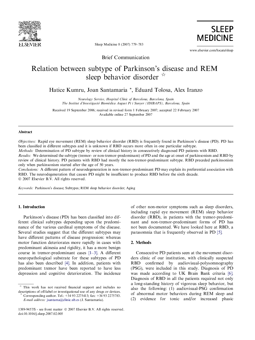 Relation between subtype of Parkinson’s disease and REM sleep behavior disorder 