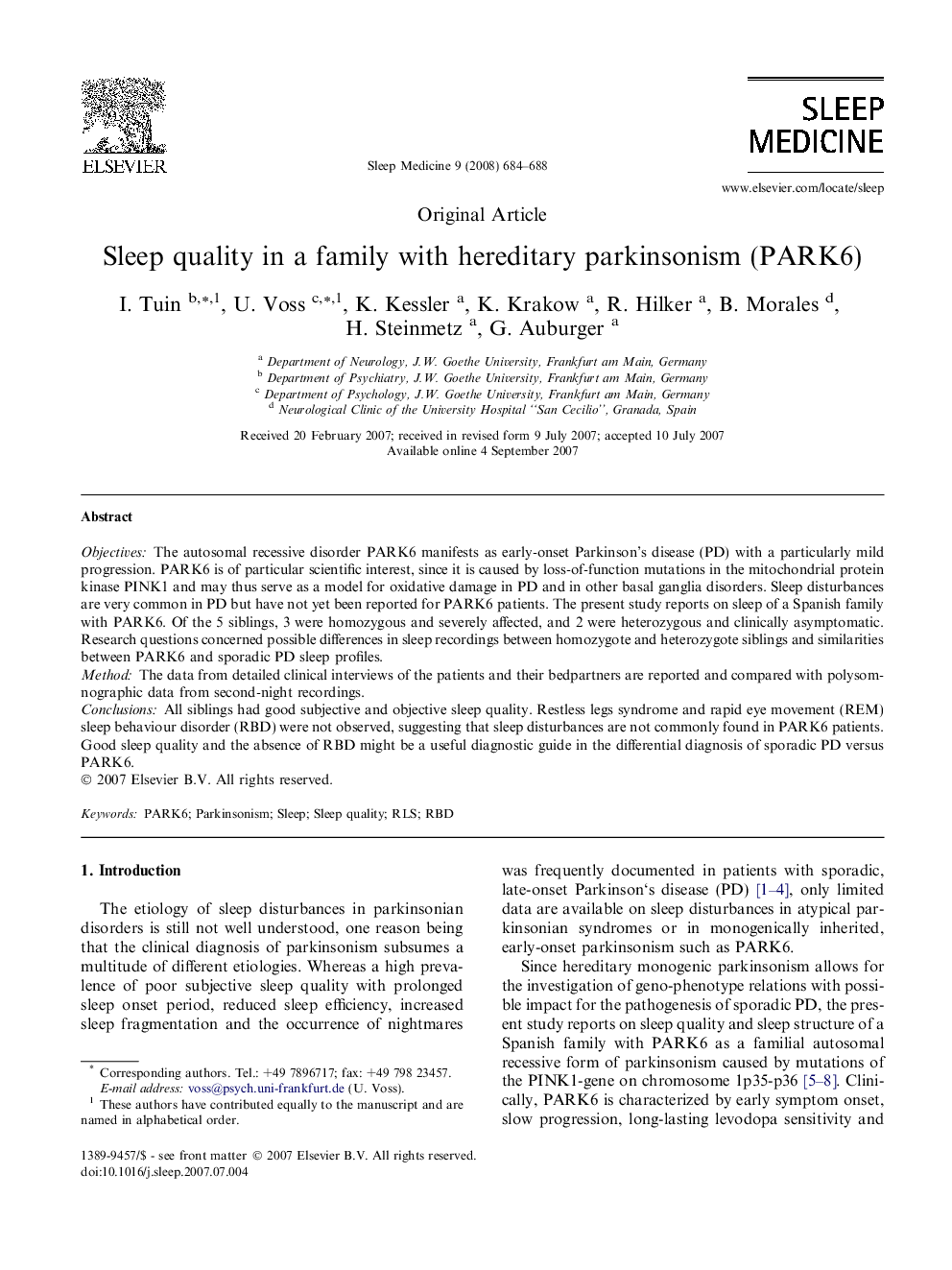 Sleep quality in a family with hereditary parkinsonism (PARK6)