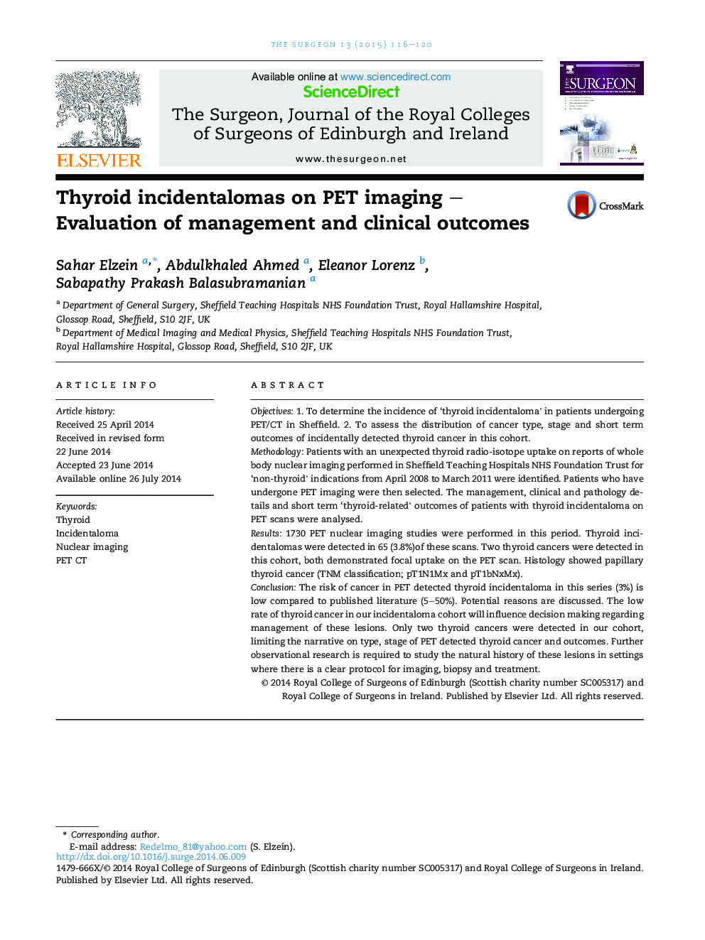 Thyroid incidentalomas on PET imaging – Evaluation of management and clinical outcomes