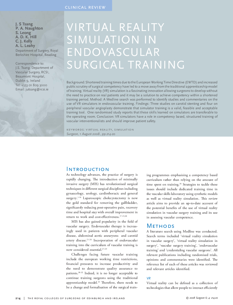 Virtual reality simulation in endovascular surgical training
