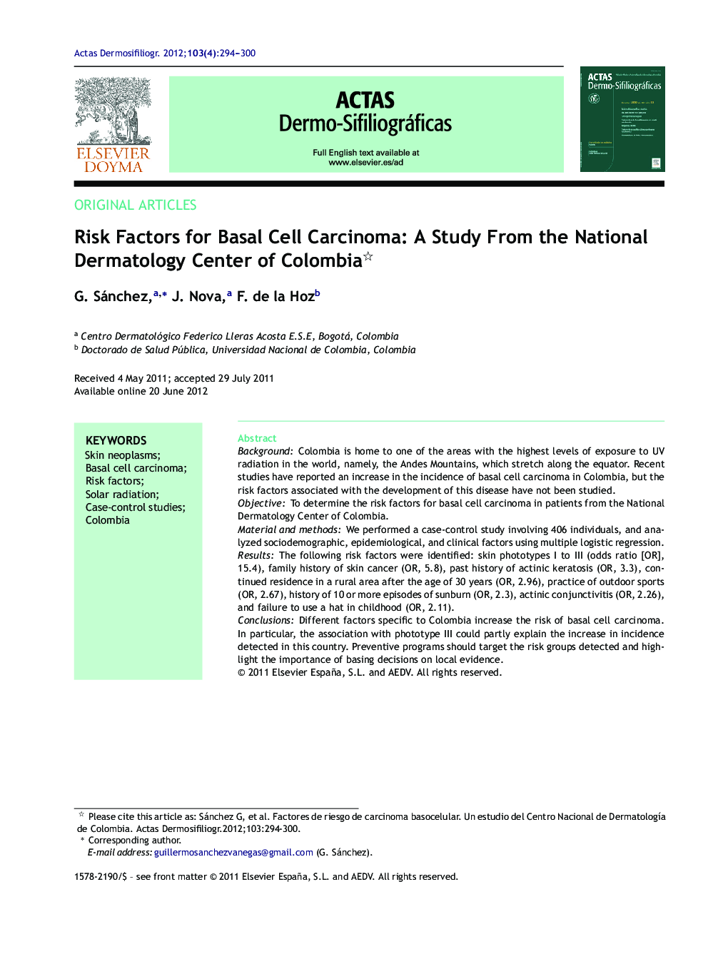 Risk Factors for Basal Cell Carcinoma: A Study From the National Dermatology Center of Colombia 
