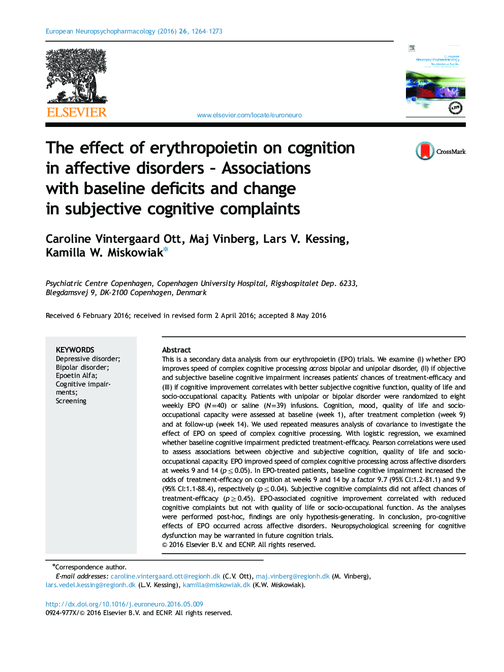 اثر اریتروپویتین بر شناخت در اختلالات عاطفی - ارتباط با اختلالات پایه و تغییر در شکایات شناختی ذهنی