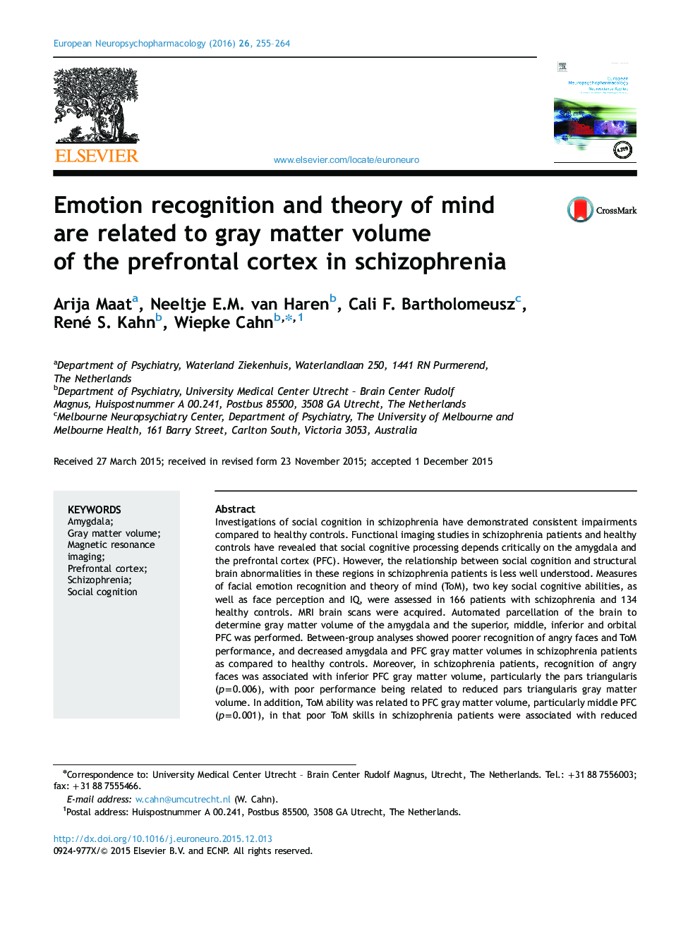 تشخیص احساسات و تئوری ذهن با حجم ماده خاکستری قشر جلوی مغز در اسکیزوفرنی مرتبط است