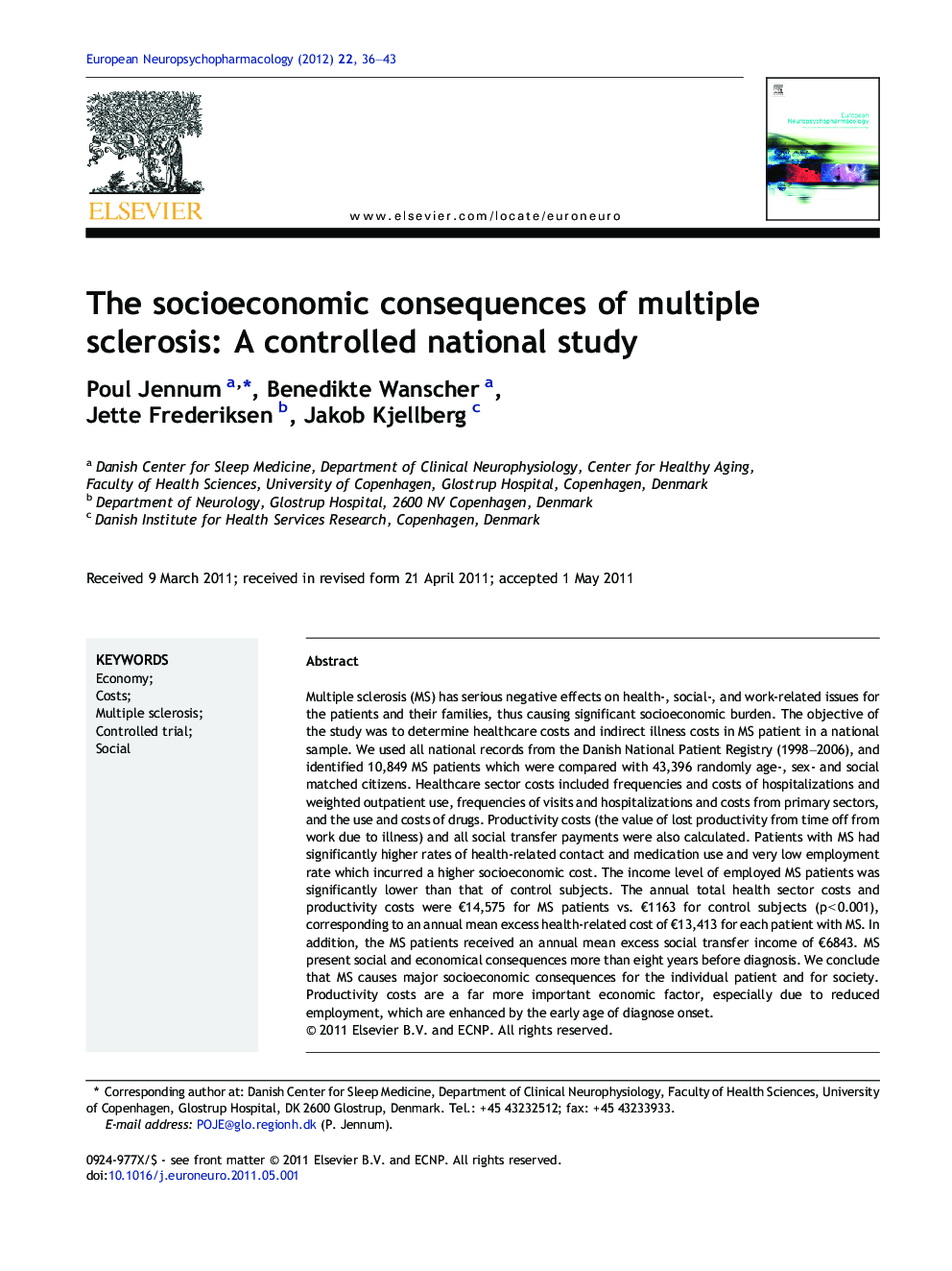 The socioeconomic consequences of multiple sclerosis: A controlled national study