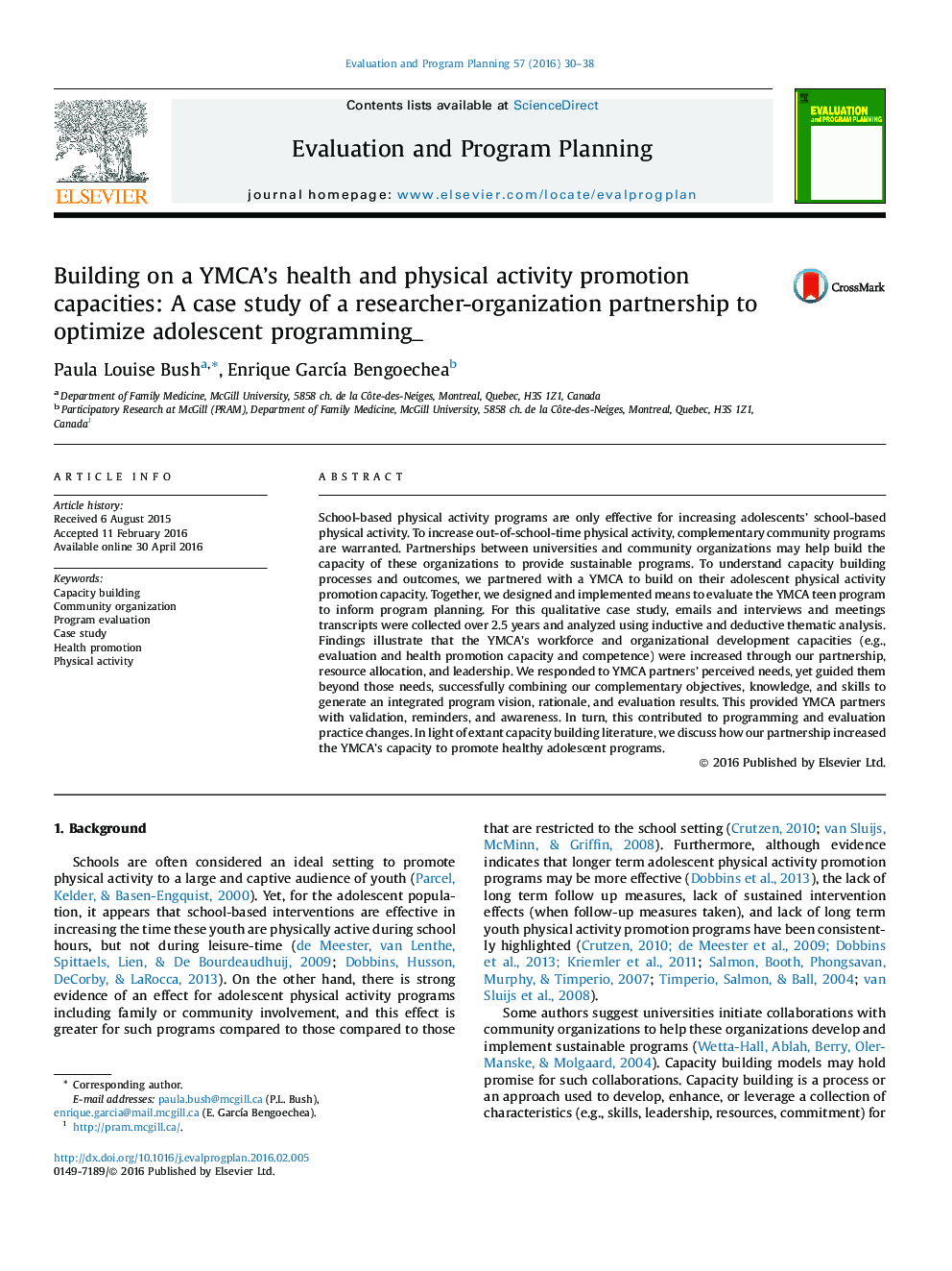 Building on a YMCA’s health and physical activity promotion capacities: A case study of a researcher-organization partnership to optimize adolescent programming_