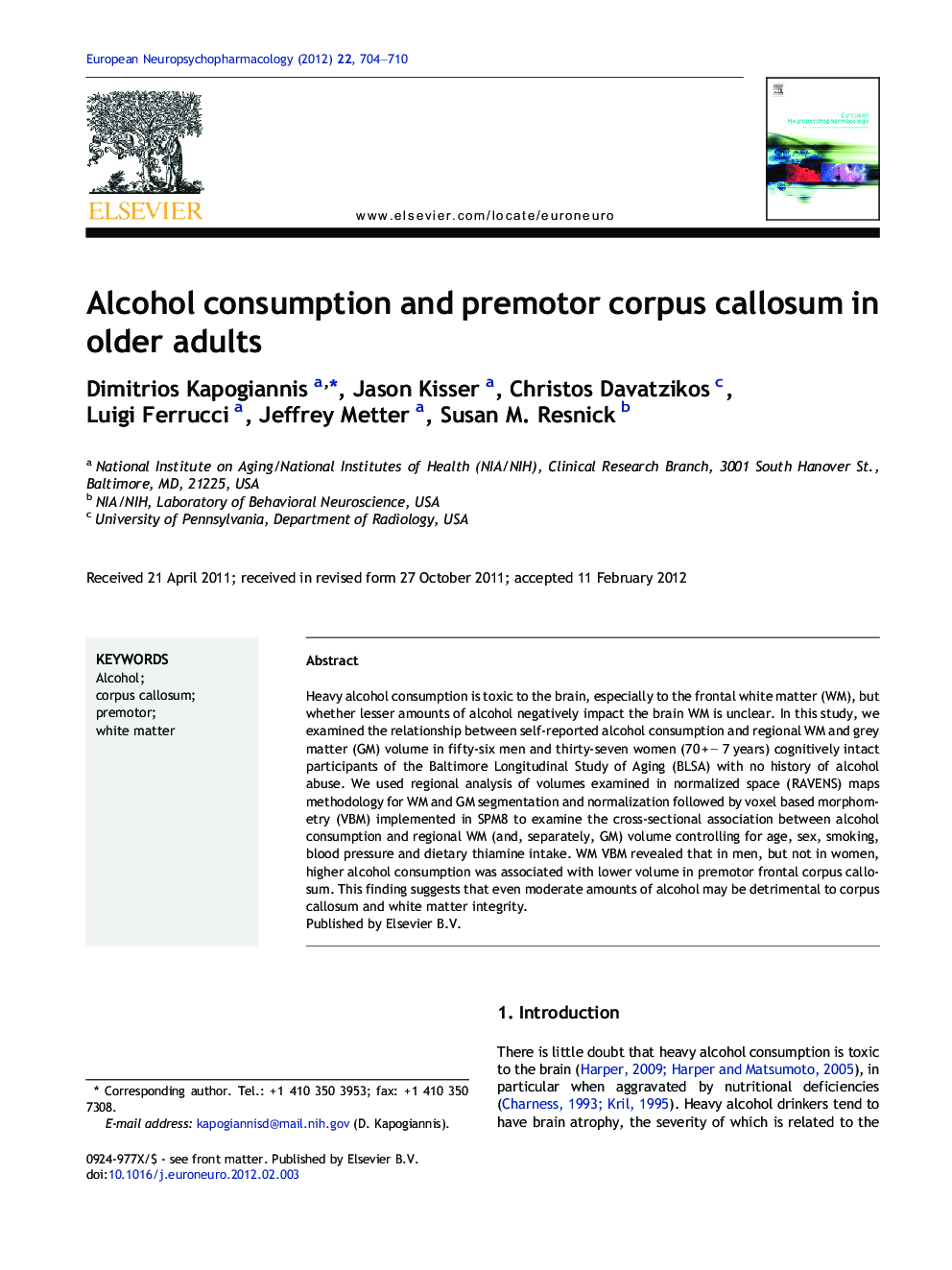 Alcohol consumption and premotor corpus callosum in older adults