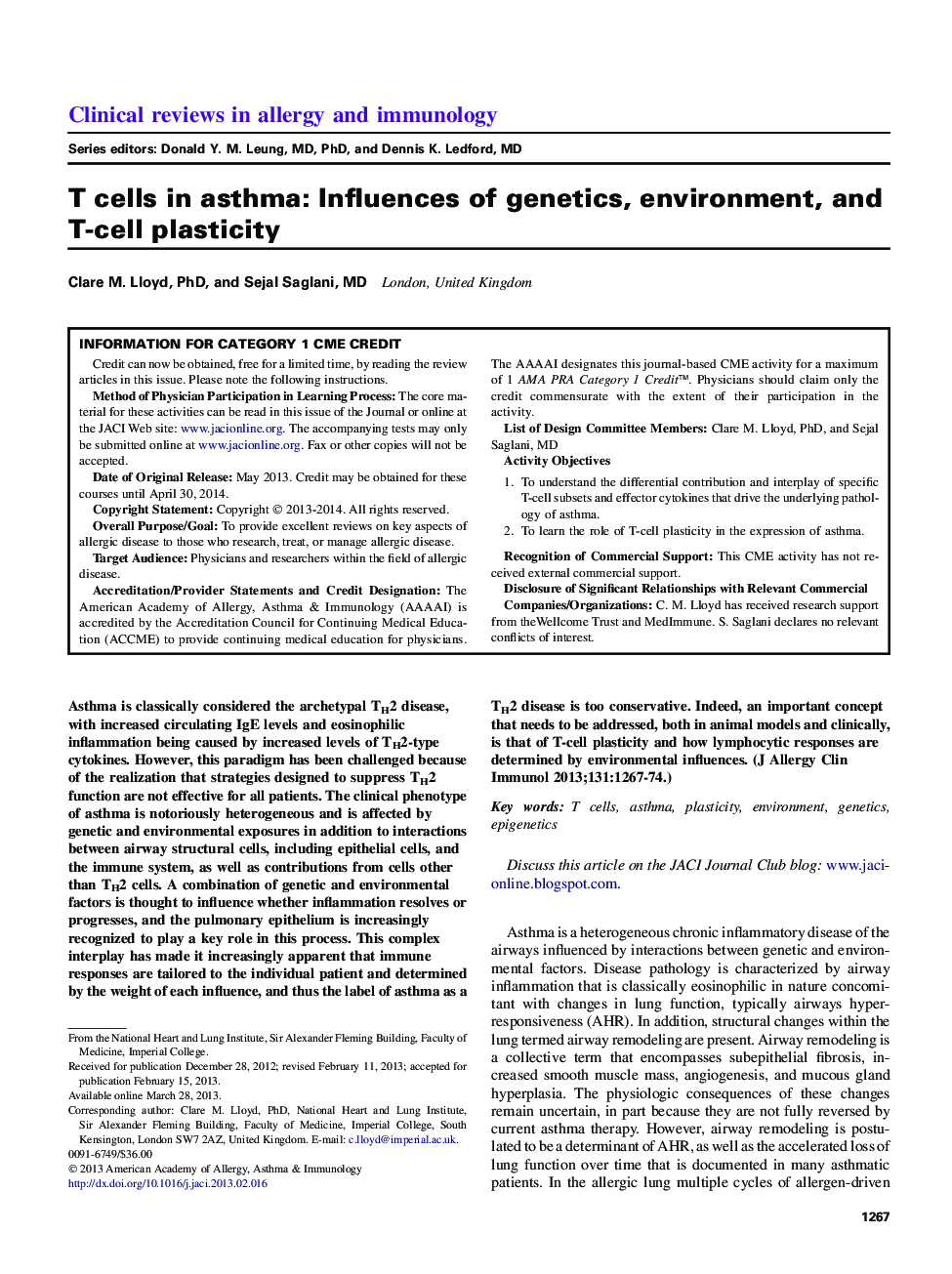 T cells in asthma: Influences of genetics, environment, and T-cell plasticity 