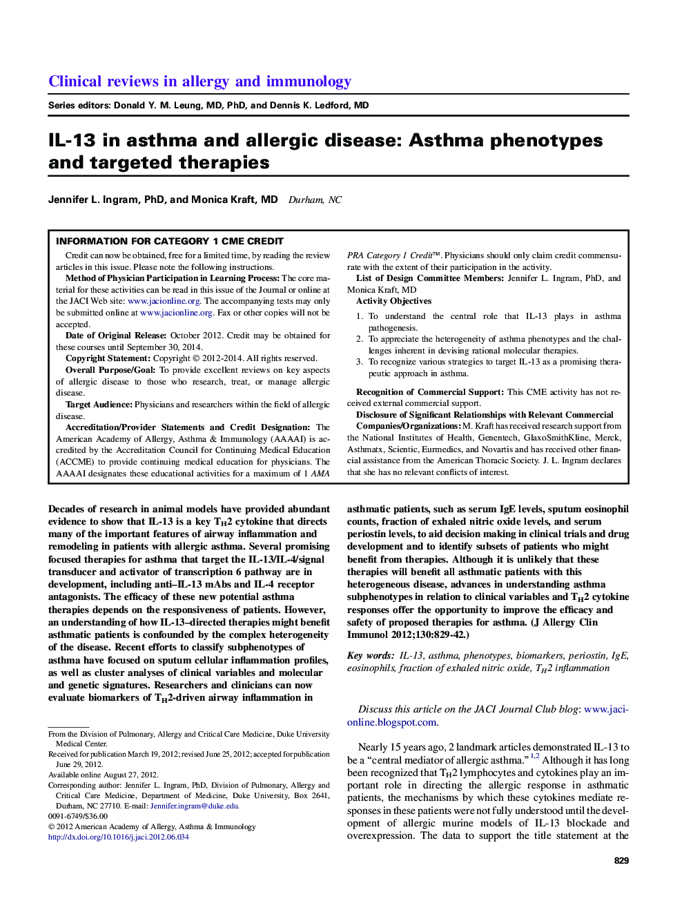 IL-13 in asthma and allergic disease: Asthma phenotypes and targeted therapies 