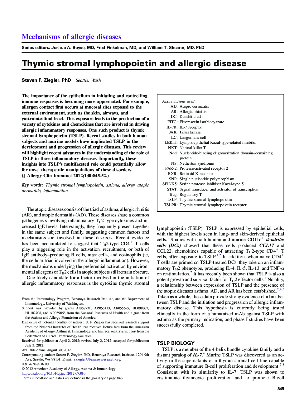 Thymic stromal lymphopoietin and allergic disease 