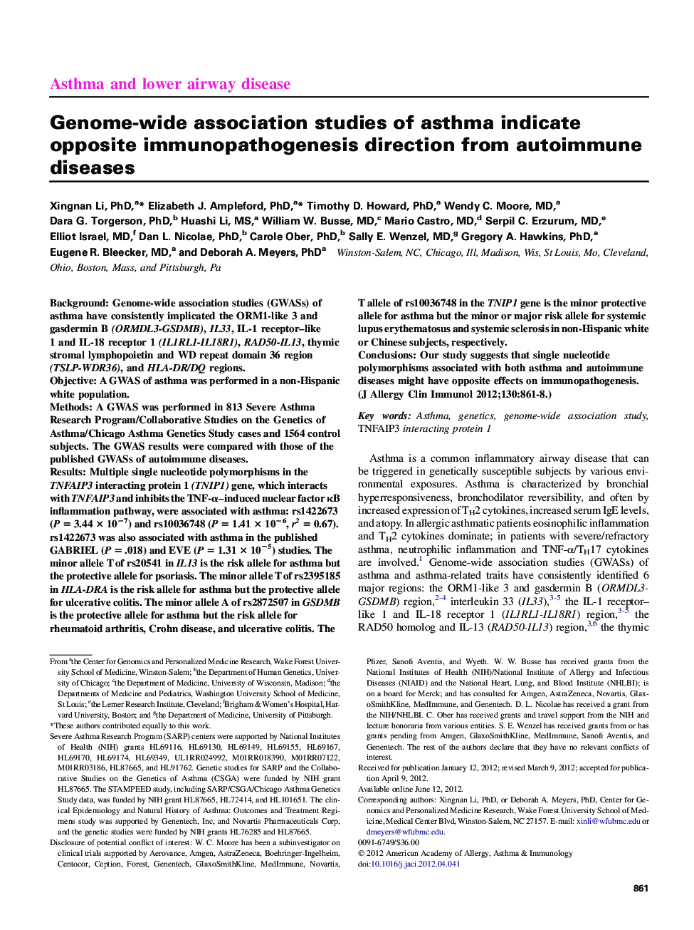 Genome-wide association studies of asthma indicate opposite immunopathogenesis direction from autoimmune diseases