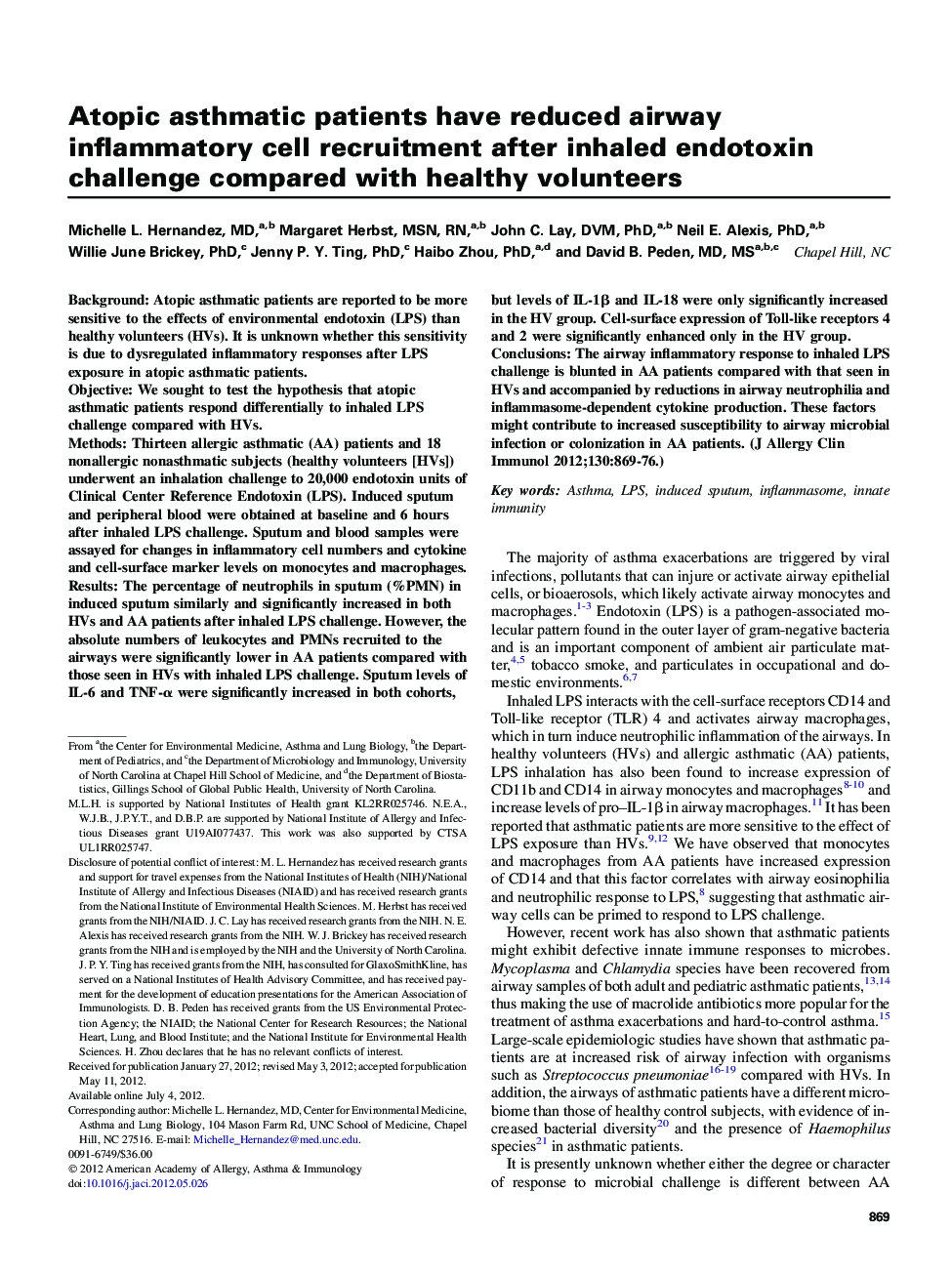 Atopic asthmatic patients have reduced airway inflammatory cell recruitment after inhaled endotoxin challenge compared with healthy volunteers